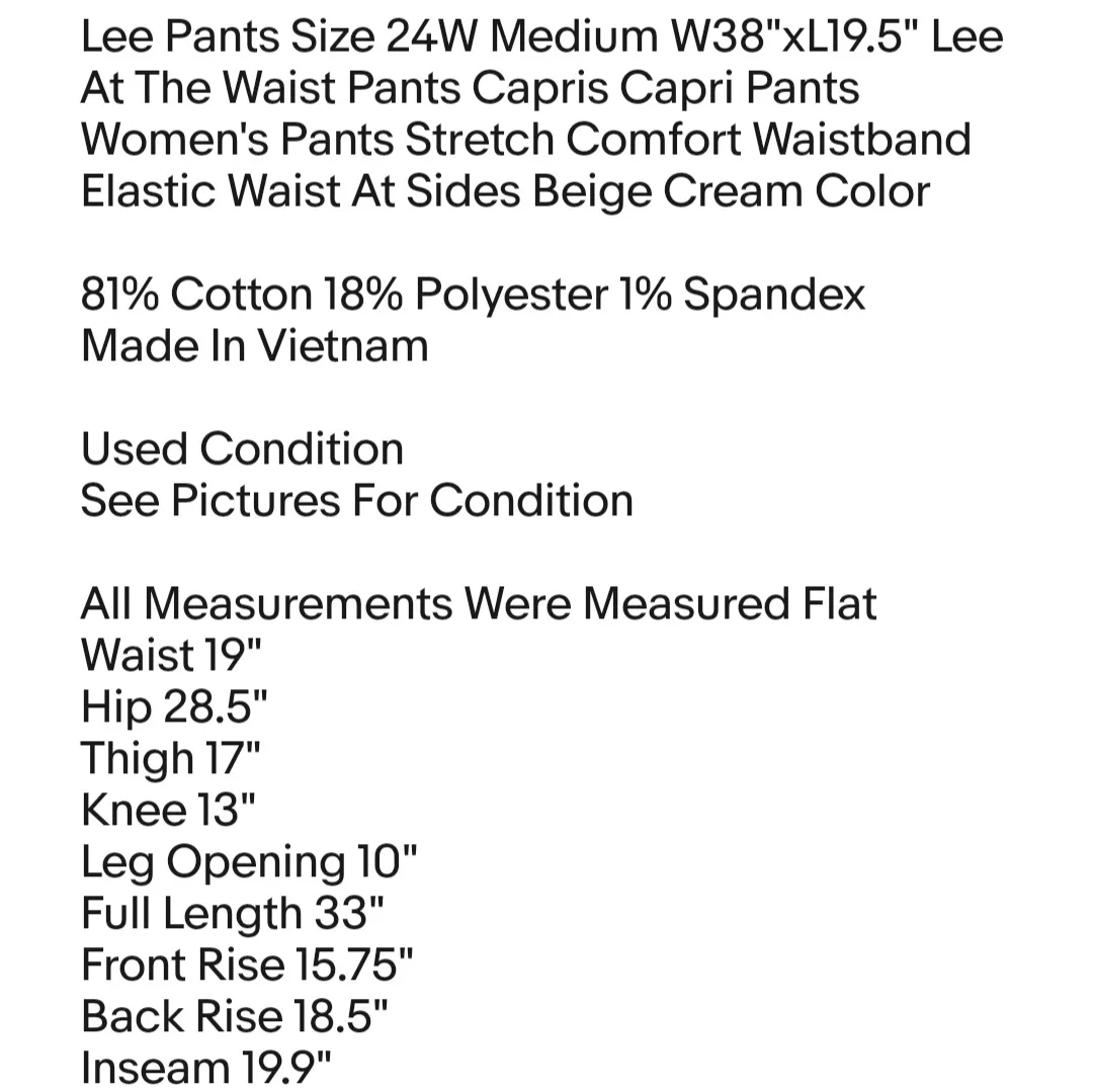 Lee Pants Size 24W Medium W38"xL19.5" Lee At The Waist Pants Capris Capri Pants - Image 2