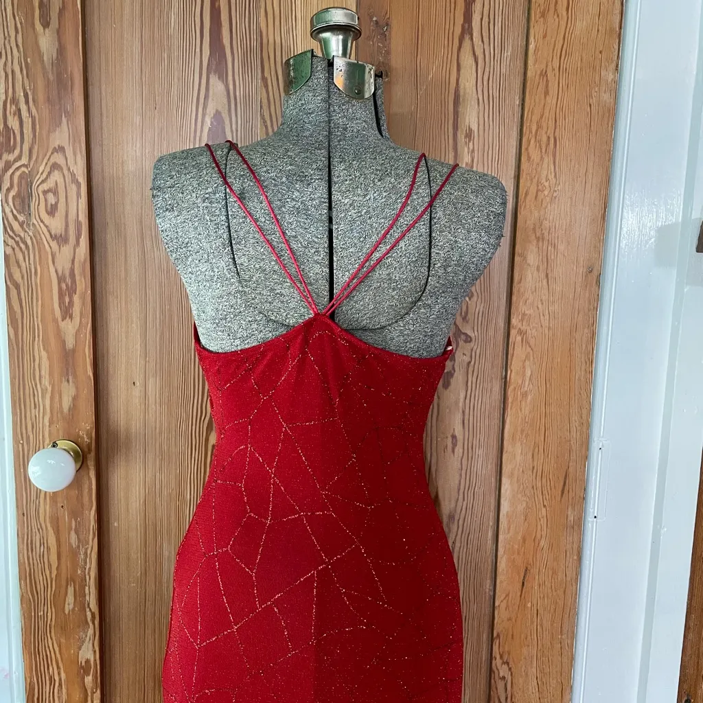 J USA Red Beaded Strappy Back Y2K Maxi Evening Dress Vintage 90’s Sz Large💛🍄 - Image 10