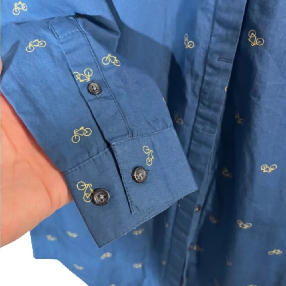 LONG SLEEVE BUTTON FRONT shirt dress SMALL novelty bike print blue - Image 5