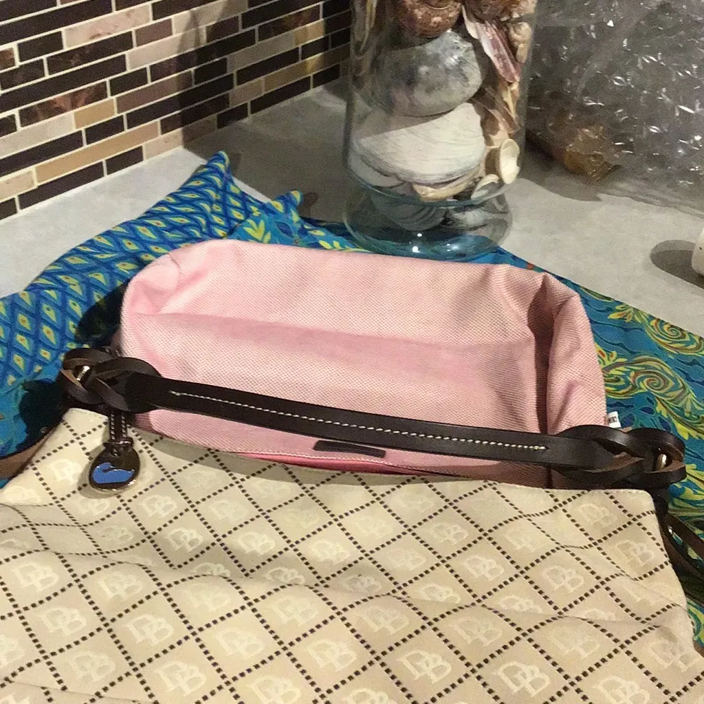 DOONEY & BOURKE LOGO PRINT CANVAS BROWN LEATHER TRIM HANDLE PURSE SHOULDER BAG - Image 10