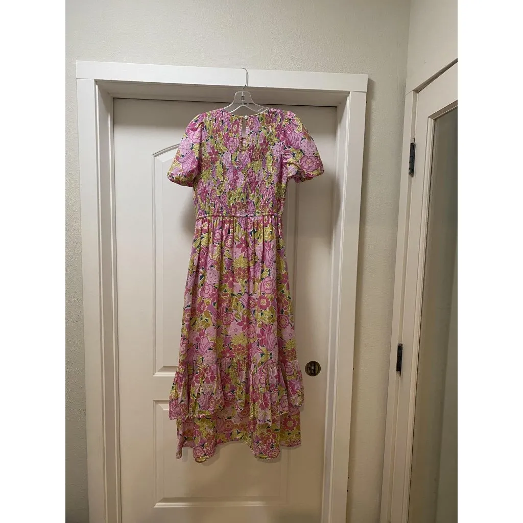 Banjanan Bloomsbury Cro Quant Dress Womens Medium Pink Floral Smocked Puff Maxi - Image 5