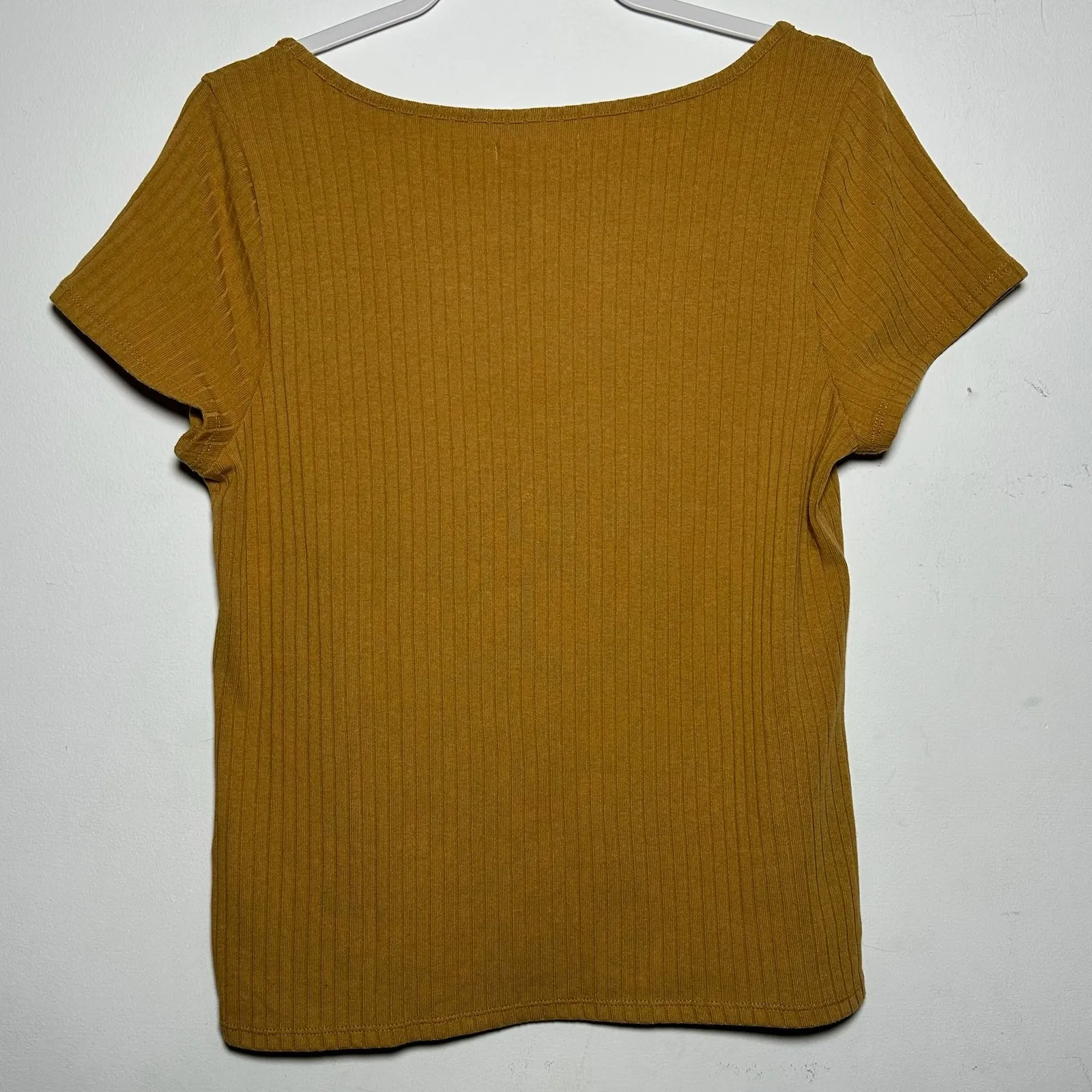 Madewell Ribbed Square Neck Ruched Short Sleeve Top Mustard Yellow Size L - Image 2