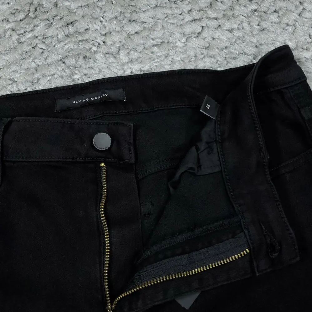 Flying Monkey High Rise Flare Jeans Black Buckle Size 32 x 36 Raw Hem Stretch - Image 4