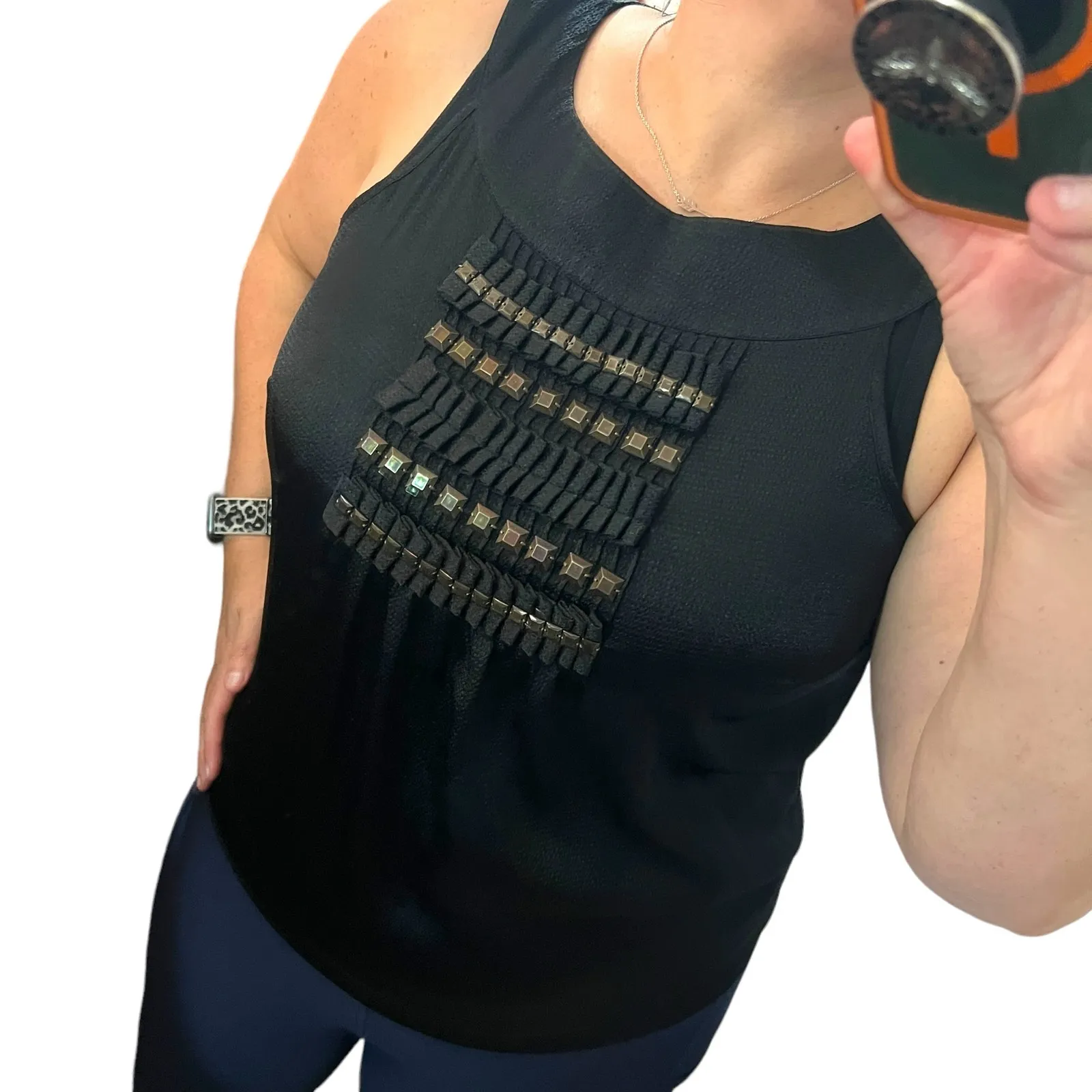 MICHAEL Michael Kors (M) Pleated Back Front Metal Detail Sleeveless Blouse Top Black Size M - Image 10