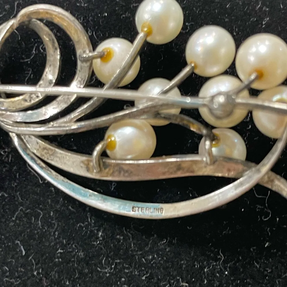 Sterling Silver Pearl Gemstones Brooch Pin 925 MCM Retro Vintage - Image 3