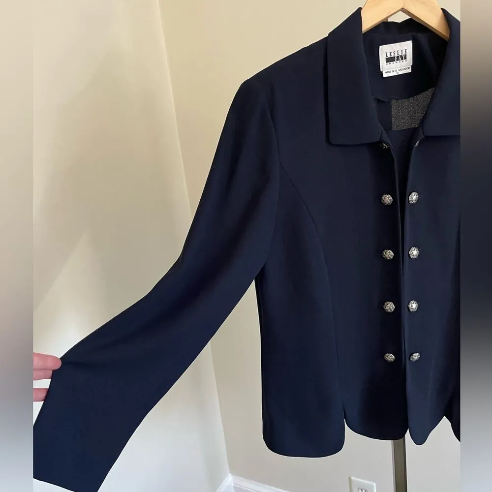 Vintage Leslie Fay Navy Blazer 12 Pearl Buttons Sheer 80s Power Jacket Blue - Image 4