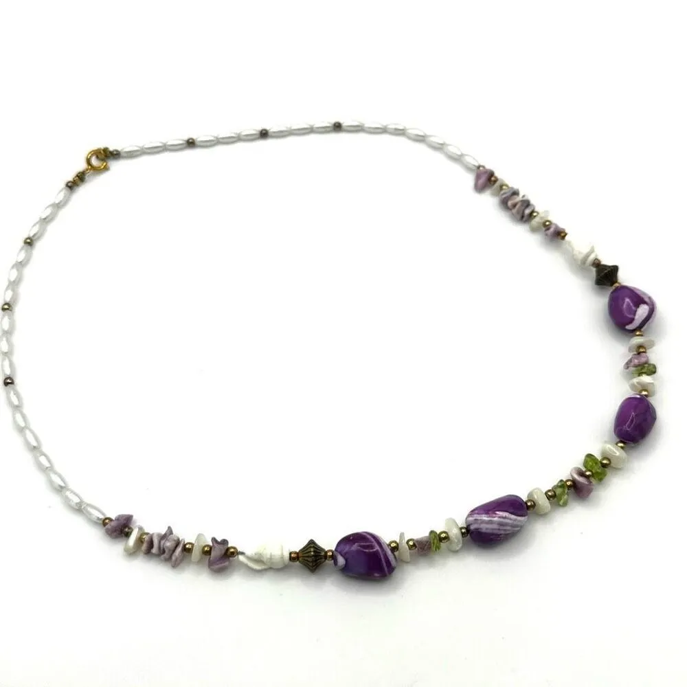 Faux Pearl, peridot shell purple beaded necklace - Image 8