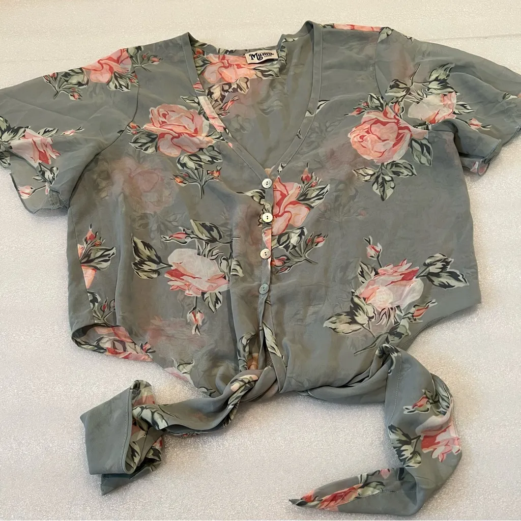 Show Me Your Mumu Floral Tie-Front Blouse - Green - Image 3