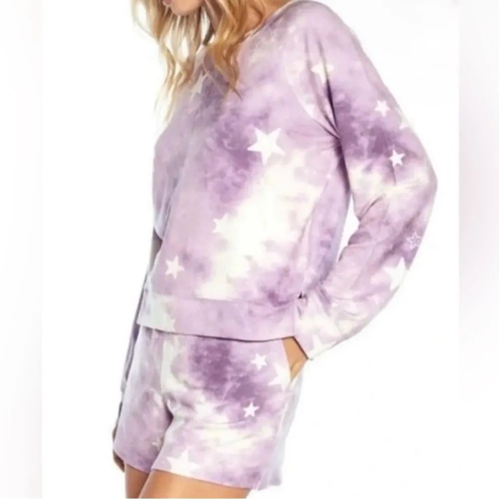 NWT WILDFOX Lavender Tie-Dye Stars Sweatshirt & Shorts Lounge Set Size Large - Image 3
