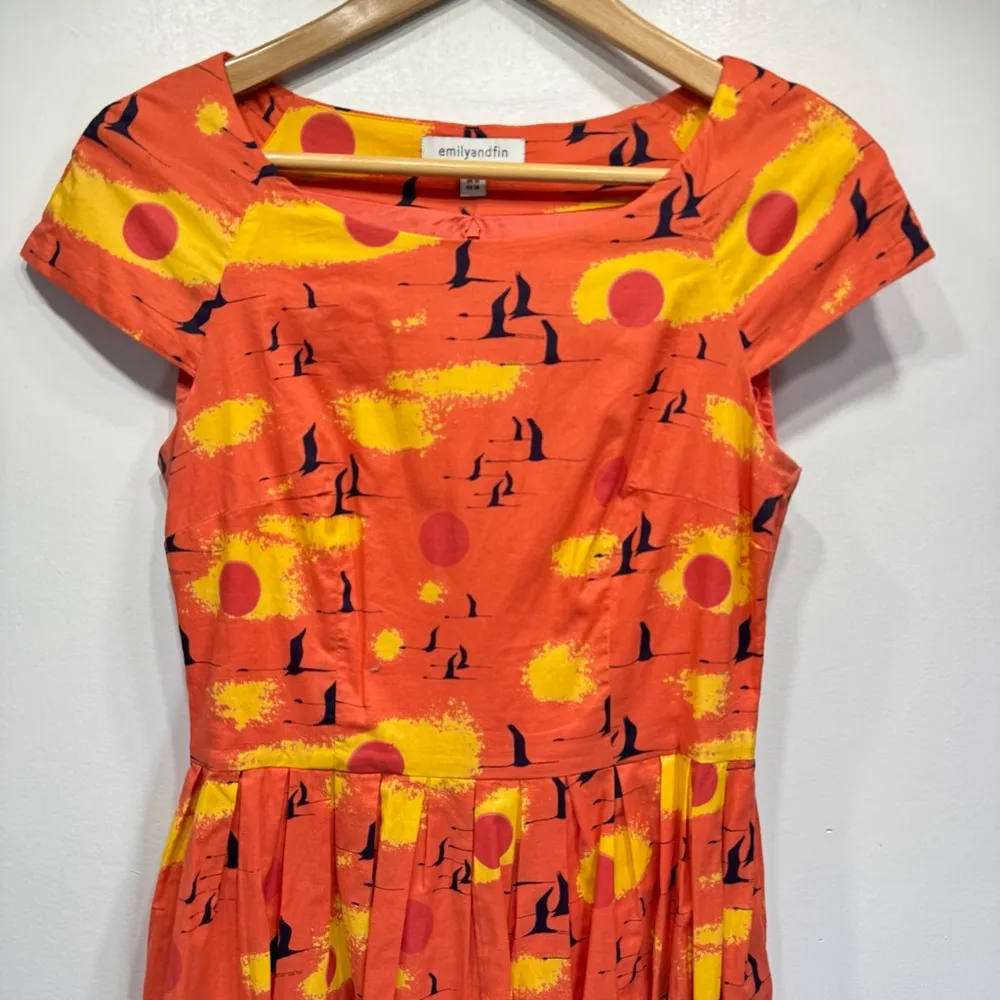 Summer Sunset Flying Birds 100% Cotton Pleated Skirt Midi Dress by Emily & Finn Orange - Image 3