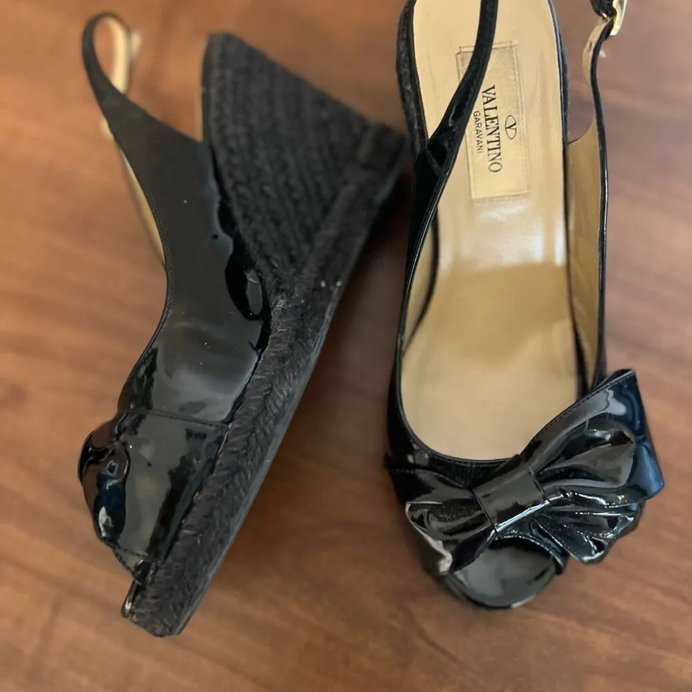 Valentino Black Patent Leather Mena Espadrille Wedge Slingback Sandal Size 5.5 - Image 2
