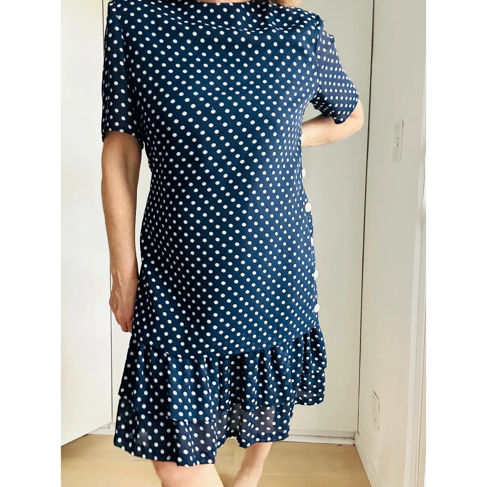 Vintage Navy/White Polka Dot Womens Dress Sheath 80s Retro Fun Whimsy USA Made Blue Size 10 - Image 8