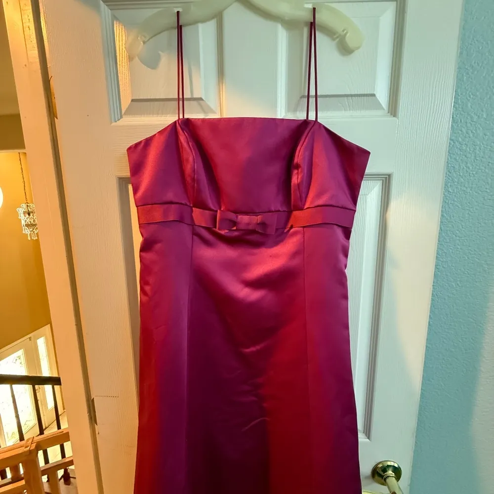 David’s Bridal Pink Satin Dress Size 14 Spaghetti Straps Bow Empire Waist A-Line - Image 4