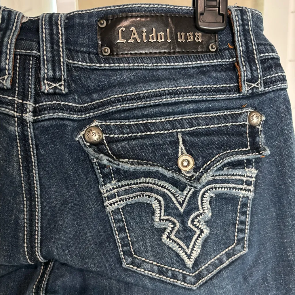 L.A. Idol Dark Blue Boot Cut Jeans, Wide Stitching, Flap Pockets, 9 Size undefined - Image 6