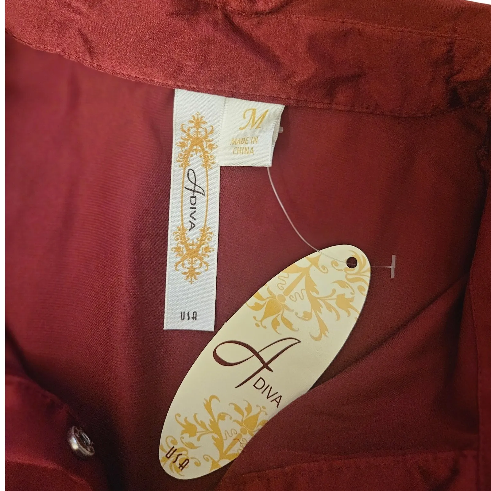 ADIVA Burgundy Satin Button Down Shirt Dress With Belt Size M Red Size M - Image 3