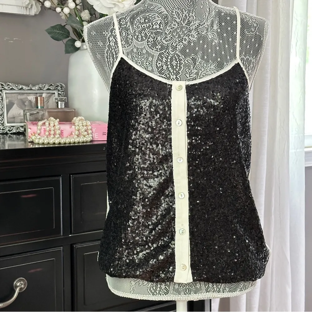Black Sequin Button Front Tank Top by Charlotte Russe Size M - Image 2