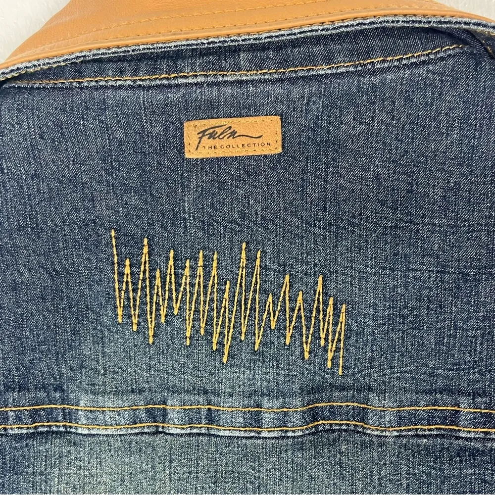 FUBU The Collection Patchwork Leather Trim Distressed Denim Coat, Size Small Tan - Image 6