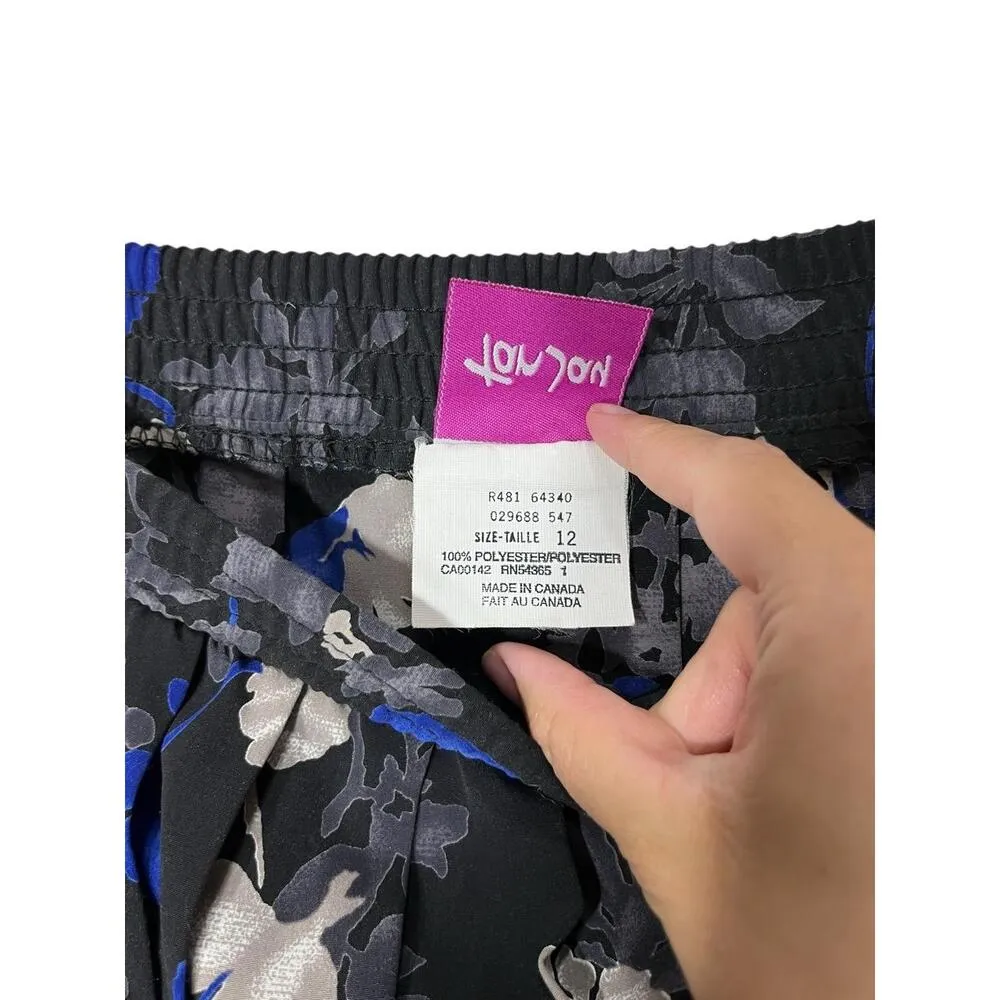 TanJay Black Blue Floral Print Pleated Vintage Midi Skirt Made In Canada Size 12 - Image 7