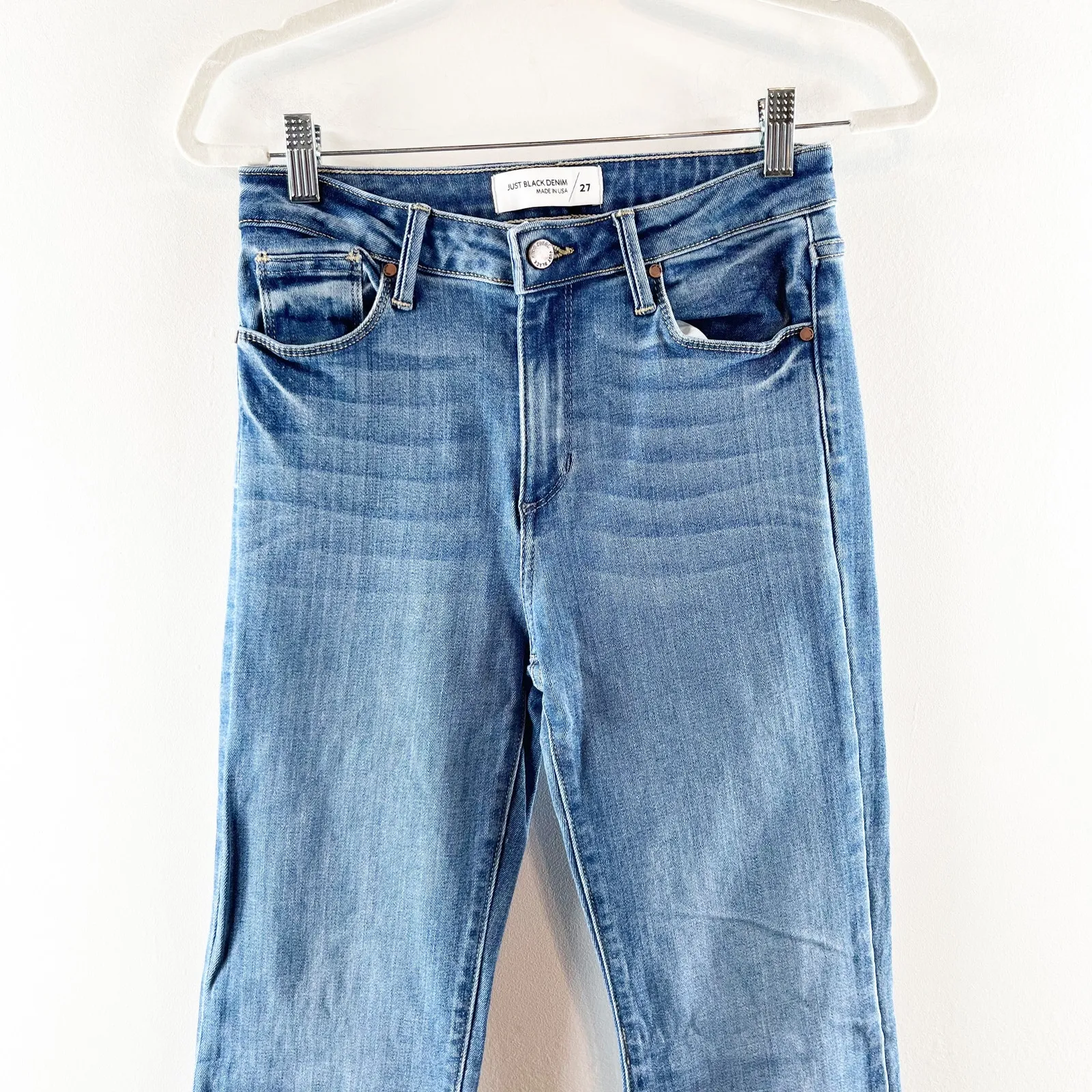 Just Black Denim Mid Rise Fall Flare Raw Hem Jeans Medium Wash Blue 27 - Image 6