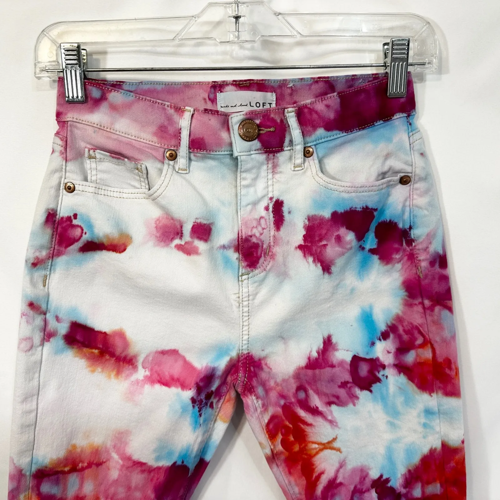 LOFT Size 00 Jeans Handmade Tie Dye High Waist Flare Crop Cut Off Frayed Raw 754 - Image 5