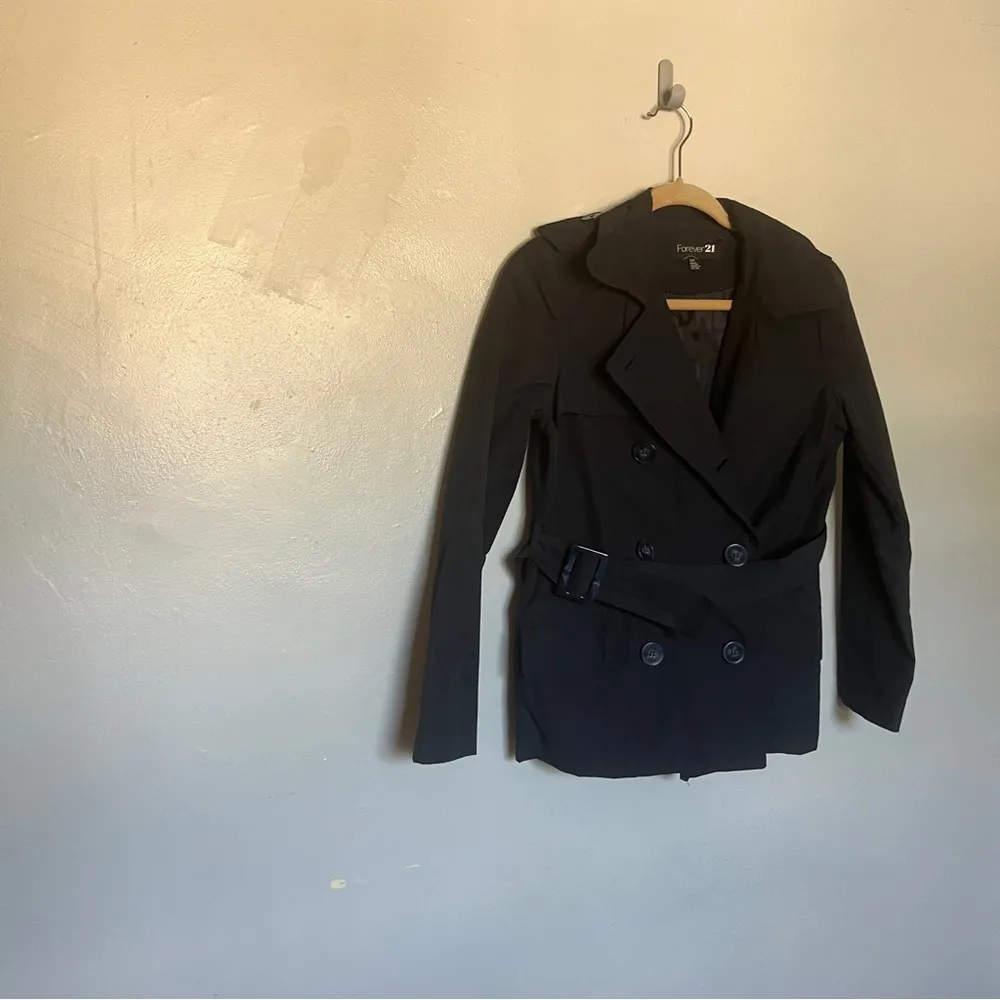 Forever 21 F21 Navy Blue Short Trench Raincoat Jacket w Belt, Size Small - Image 5