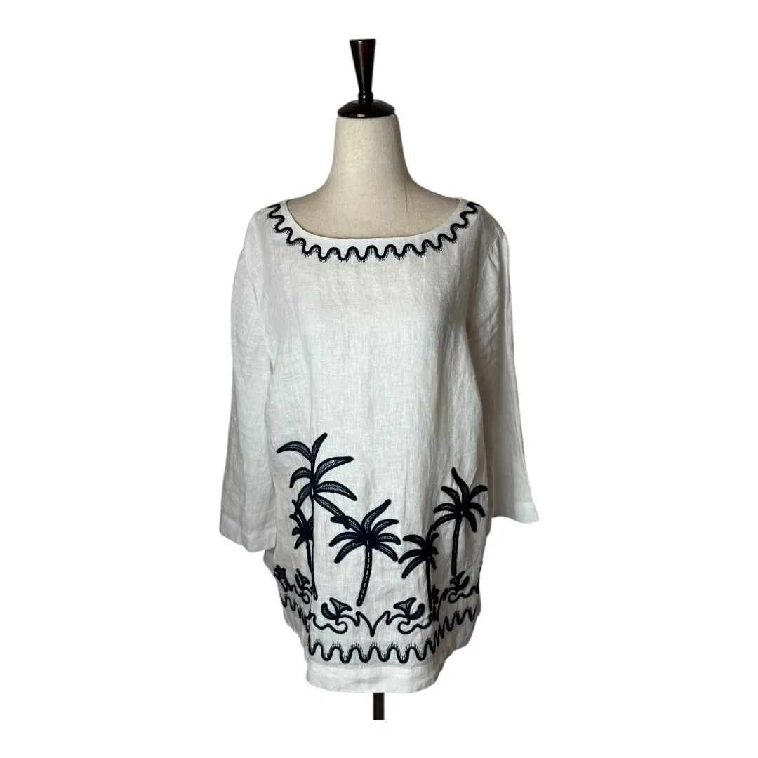 Charter Club Shirt Women Large White Navy Linen Palm Tree Embroidered Top Preppy - Image 2