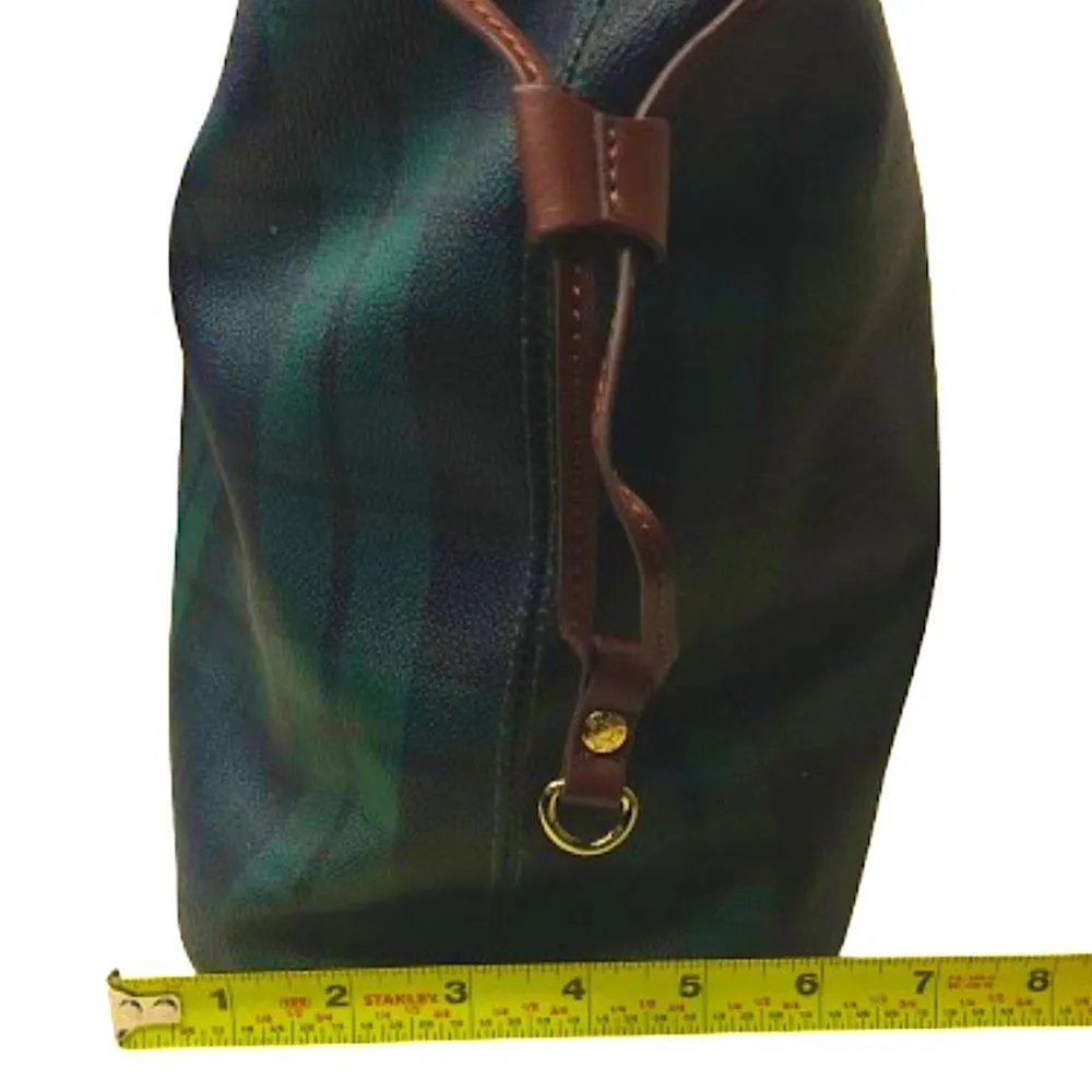 Black Watch Plaid Coated Canvas Leather Oversized Shoulder Bag Metal Feet Blue - Image 9