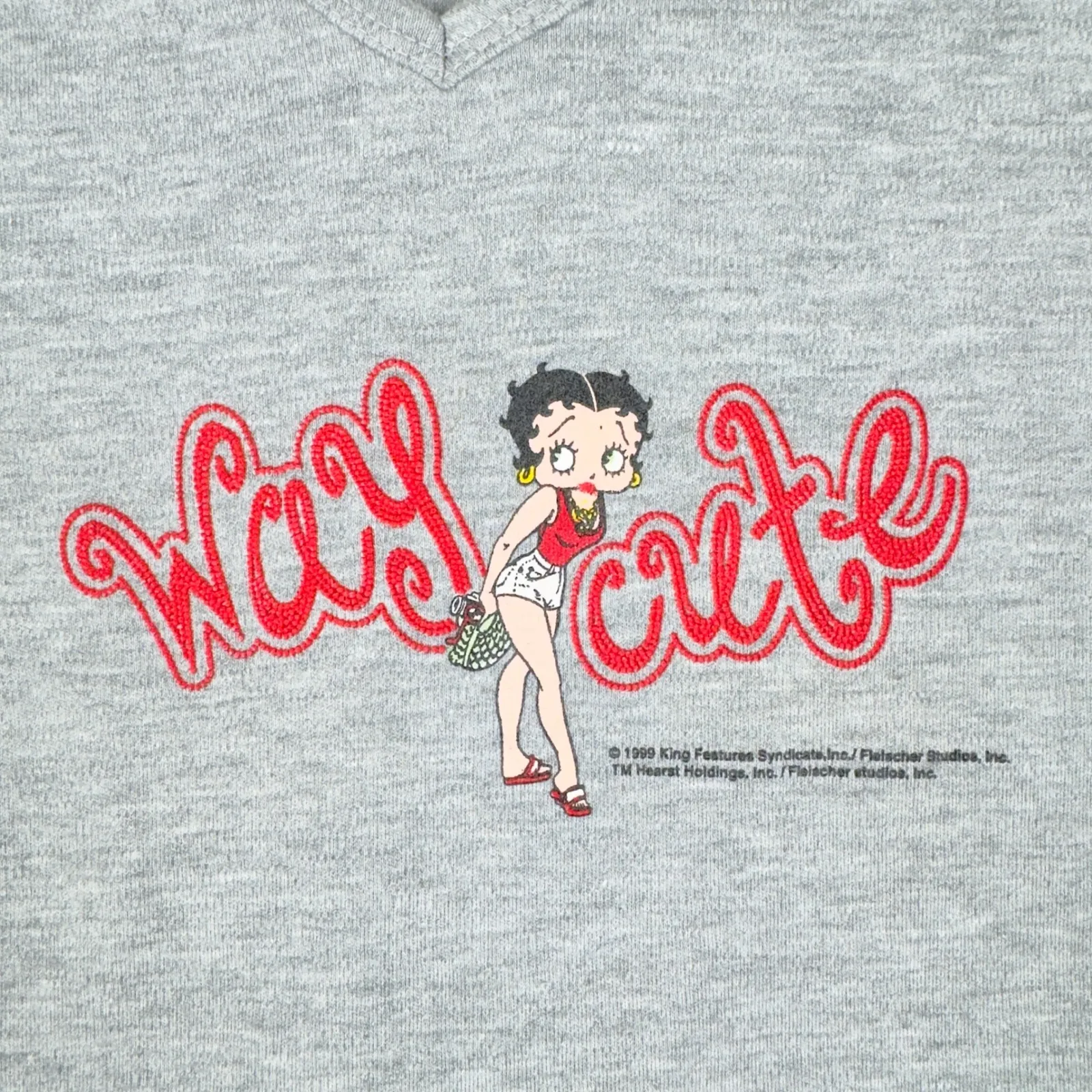 Vtg Betty Boop Graphic V-Neck Womens Small Gray Cropped Tee Way Cute Cartoon Y2K - Image 3