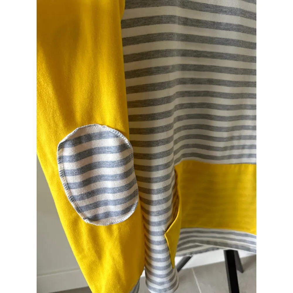 Funnel Neck Sweatshirt Gray Mustard Yellow Stripes Size Large Comfort Casual - Image 4