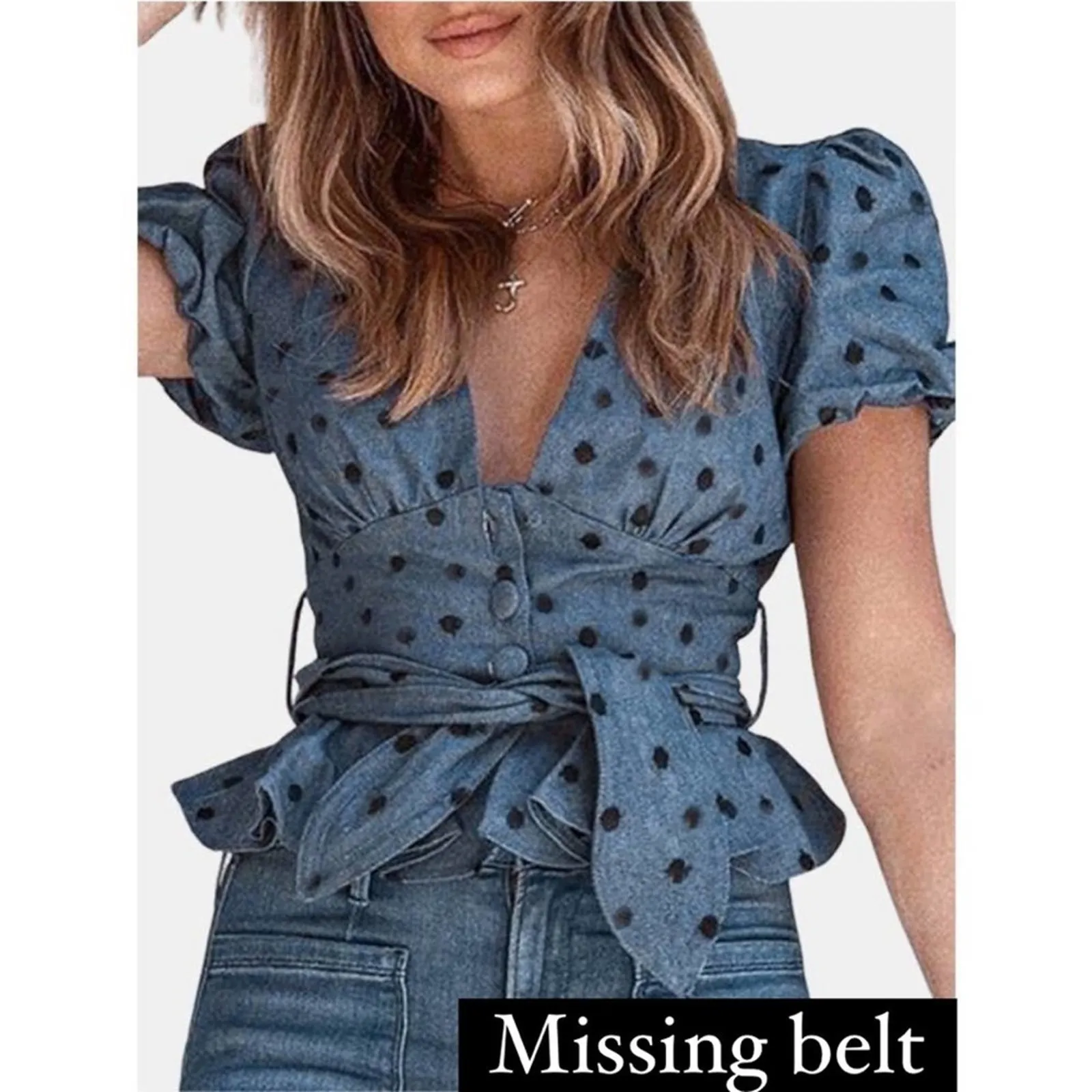 Tularosa Women's Sexy V Neck Puff Sleeve Blouse in Blue Polka Dot Size XXS - Image 7