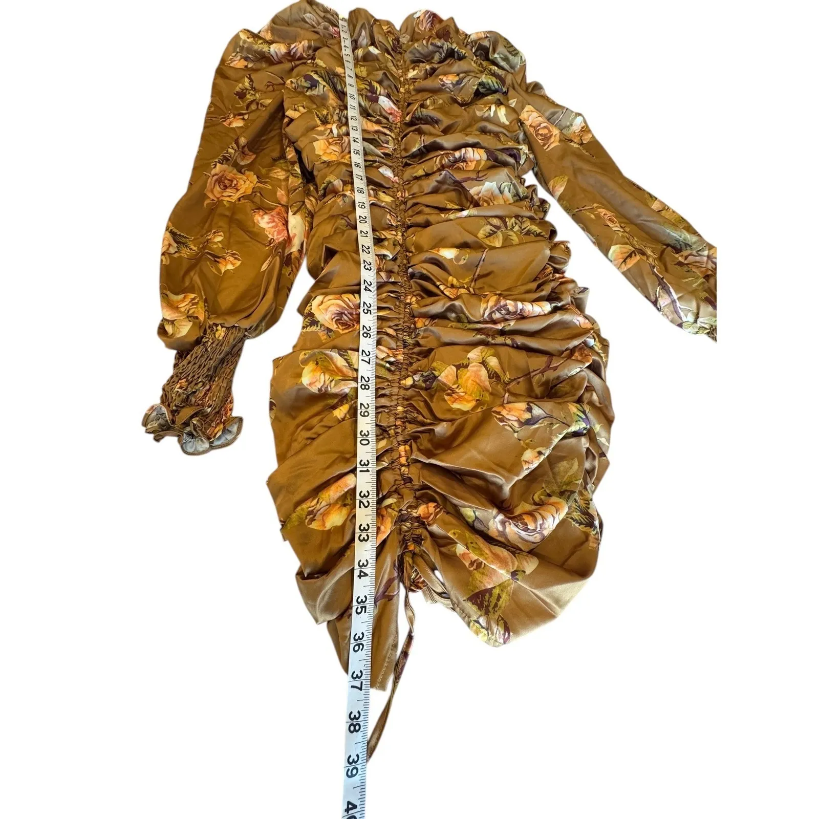 A Peuch Ruched Puff Sleeve Mock Neck‎ Floral Print Mini Dress Brown M Size M - Image 5