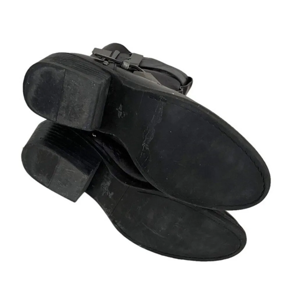 B MAKOWSKY Black Leather Triple Buckle Metal Studs Pull On Ankle Biker Boots - Image 5