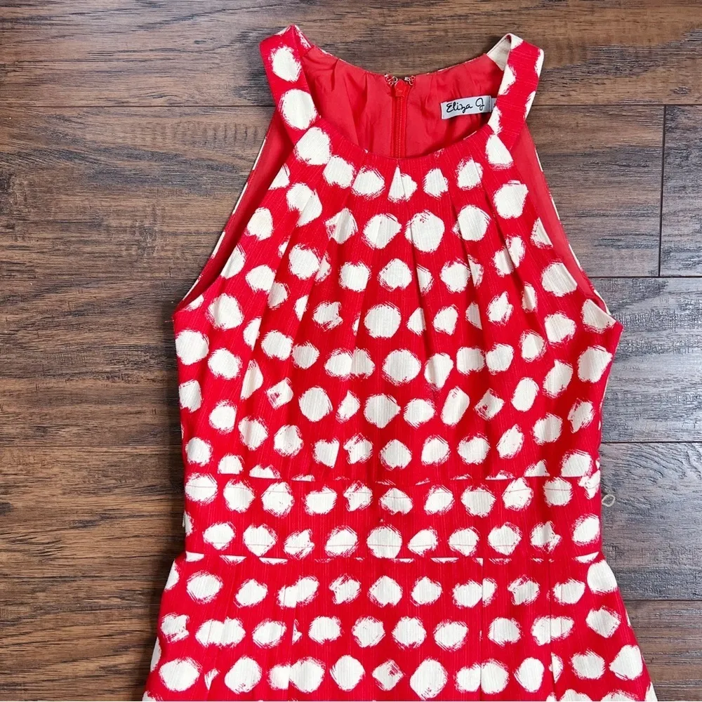 Eliza J • Belted A-Line Dress halter polka dot red orange white mini sleeveless - Image 4
