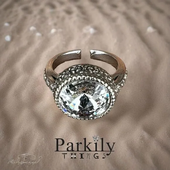 Handcrafted sparkly ring made with Swarovski crystal adjustable fit Silver - Image 2