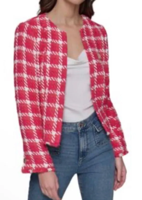 Karl Lagerfeld Paris Tweed Pink White Cropped Open Front Jacket Blazer size 4 - Image 1