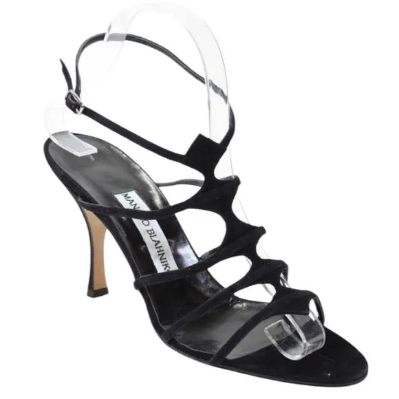 Manolo Blahnik Black Strappy High Heel T Strap Sandal with Dust Bag-size 38.5 - Image 1