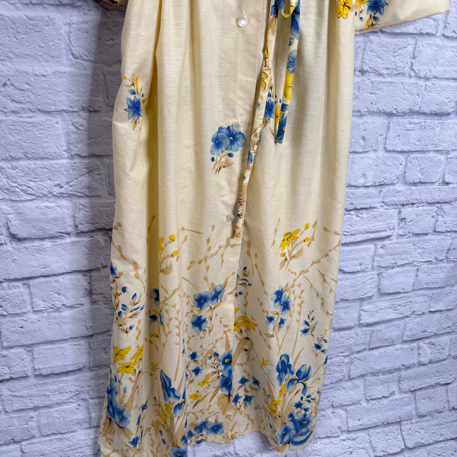 Vintage The Great Entertainers Sears Dress 70s Floral Belt Beige Size S Button Yellow - Image 5