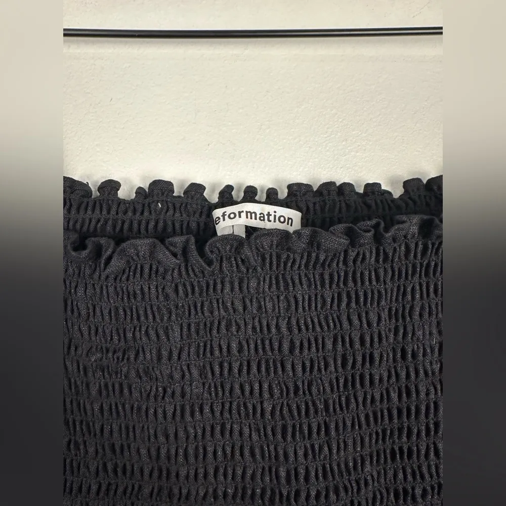 Reformation Hilary Smocked Black Linen Puff Sleeves Mini Dress Women’s Sz S - Image 5