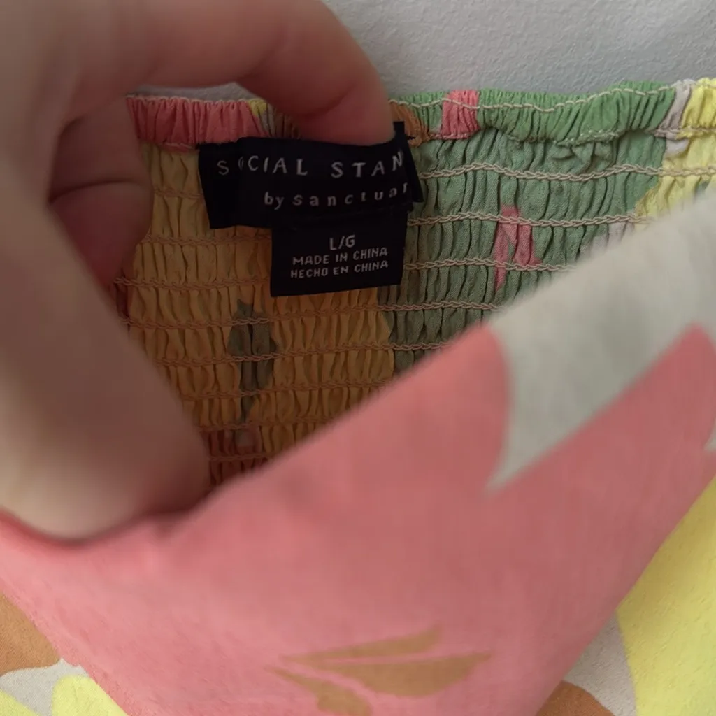 Social Standard Colorful Pink Yellow Smocked Floral Midi Sundress Dress Size L - Image 4