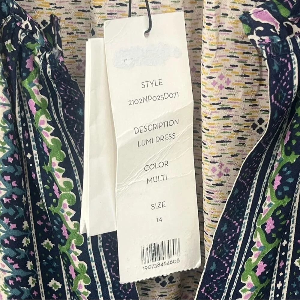 Veronica Beard Lumi 100% silk dress ruffle hem knee length tan navy size 14 NEW - Image 11