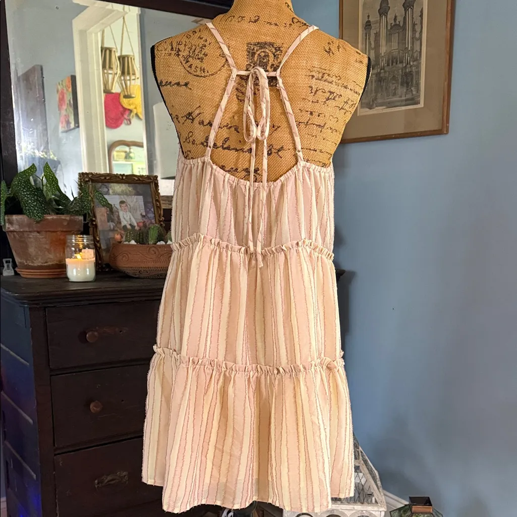 ILLA ILLA Blush Mauve and Cream Stripe Open Tie Back Sleeveless Tiered Dress - Image 7