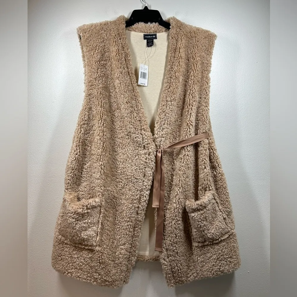 Madison 88 Faux Fur Fluffy Vest with ribbon tie Pockets Fuzzy Cozy Tan Size undefined - Image 5