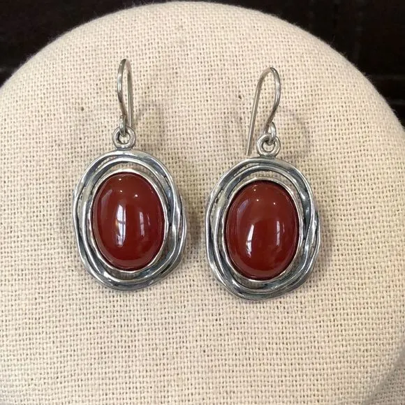 SHABLOOL DIDAE Carnelian Cabochon Nested In Sterling Silver Drop Earrings - Image 1