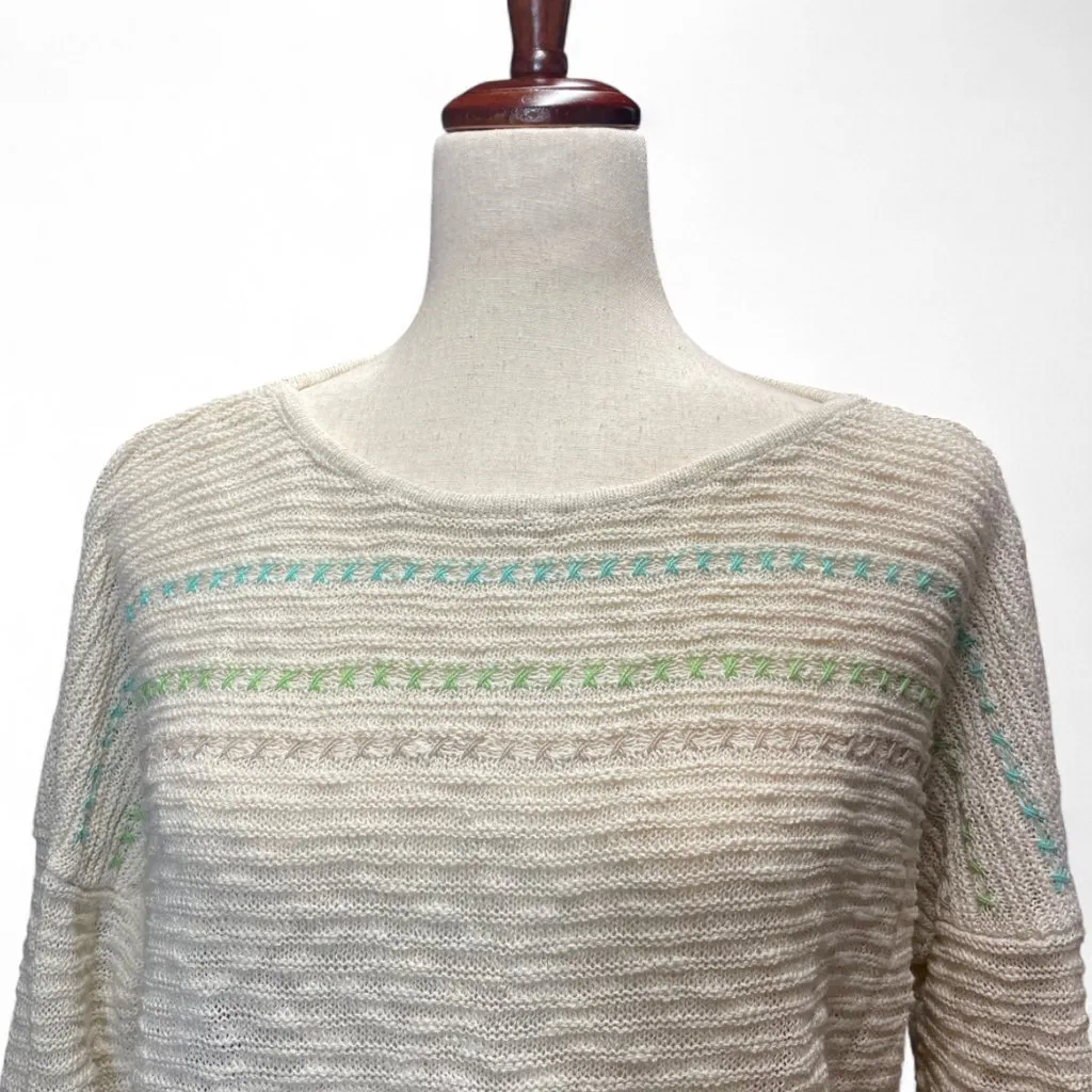 J Jill Womens Cream Light & Airy Knit Textured Embroidered Coastal Beach Sweater Green Size M - Image 2