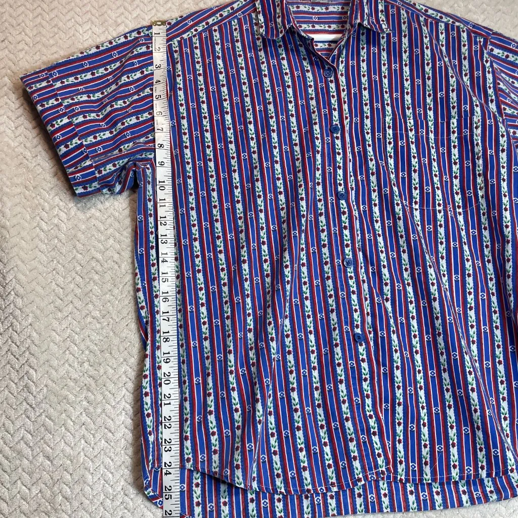 Vintage Cool Blues Blue Red Floral Stripe Print Shirt Womens Large | Cottagecore - Image 5