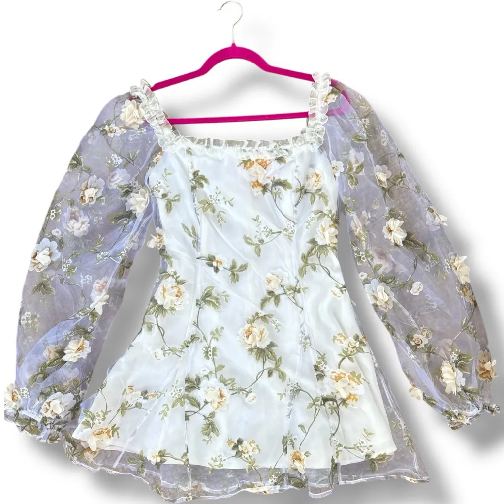 Sugar Thrillz Multiple Proposals White Green Floral Sheer Sleeve Mini Dress XS - Image 2