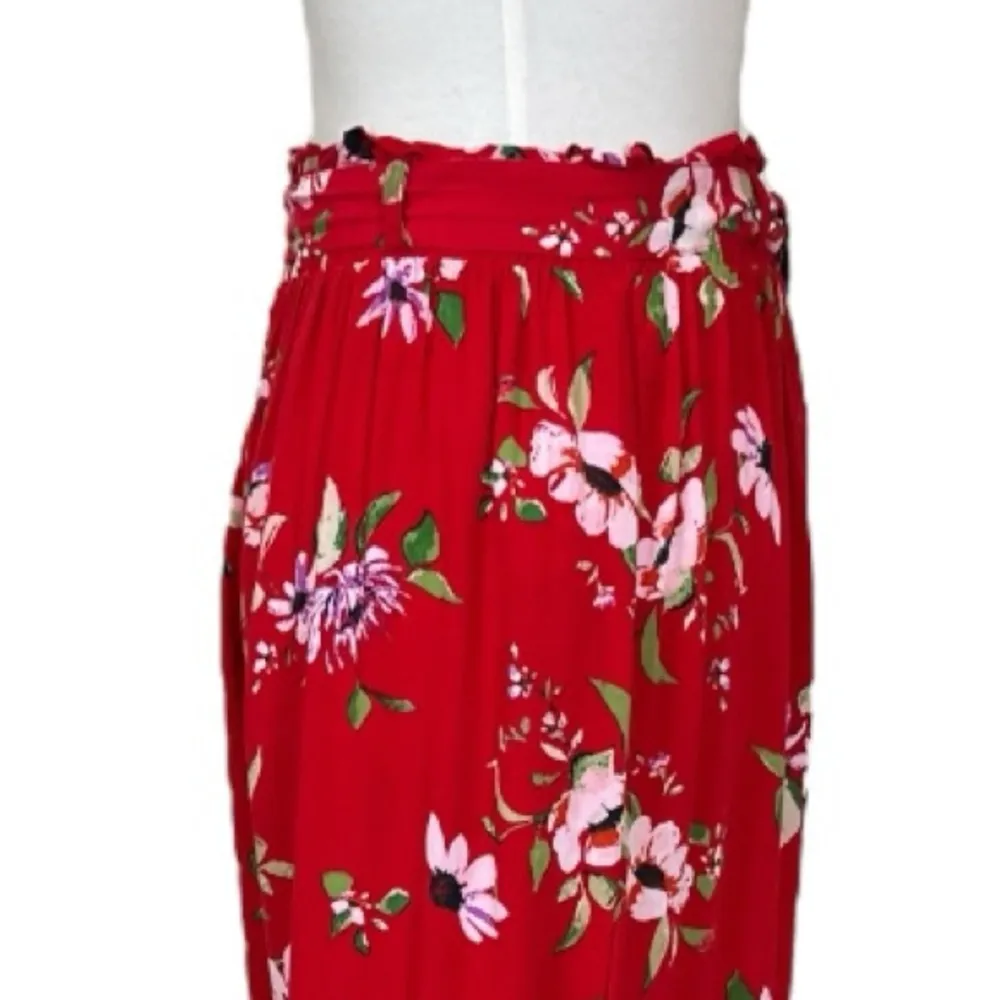 New Look Wide Leg High Rise Pant Elastic Waist Red Multi Floral Women’s Medium - Image 7