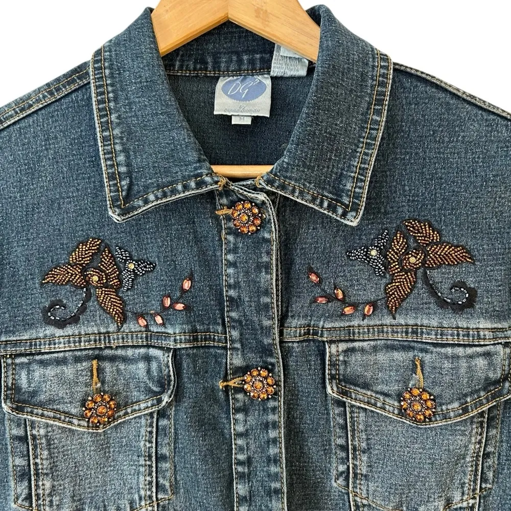 Diane Gilman Women’s Denim Funky Boho Jacket Rhinestone Buttons Beaded Fringe Blue Size M - Image 3