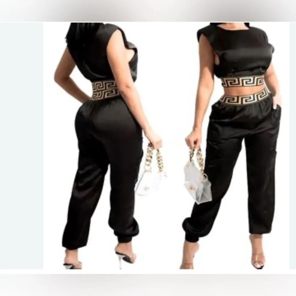 Cien Size Medium Black Satin 2Pc Pant Set With Geometric Elastic Waist. Preloved - Image 2