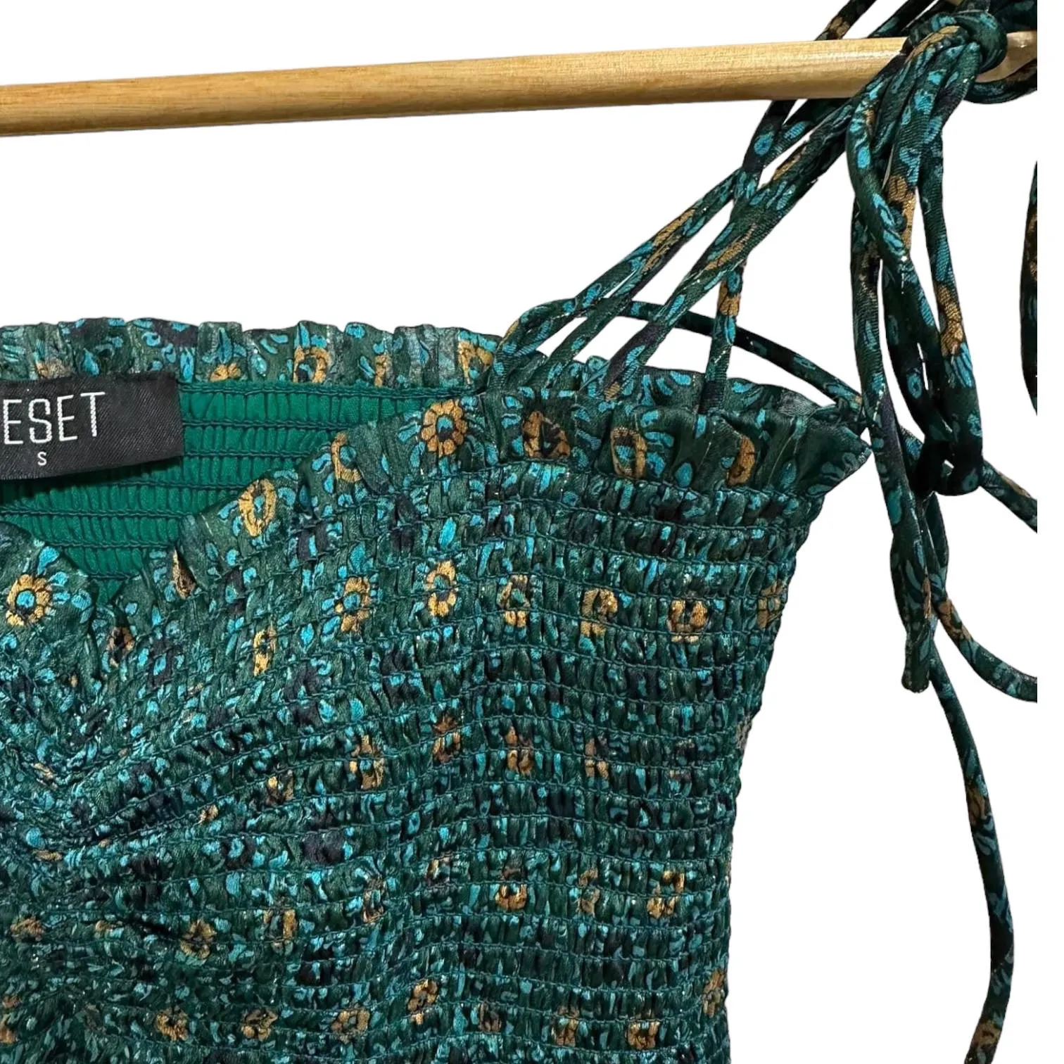 Reset The Sailor Green Combo Floral Smocked Tie‎ Cropped Top Size Small #JT517L - Image 2